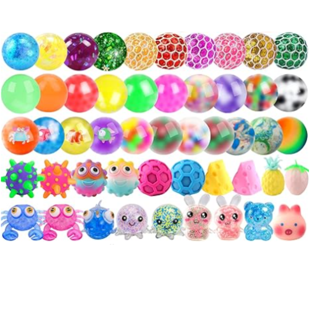 Rows of colorful stress balls to choose from.