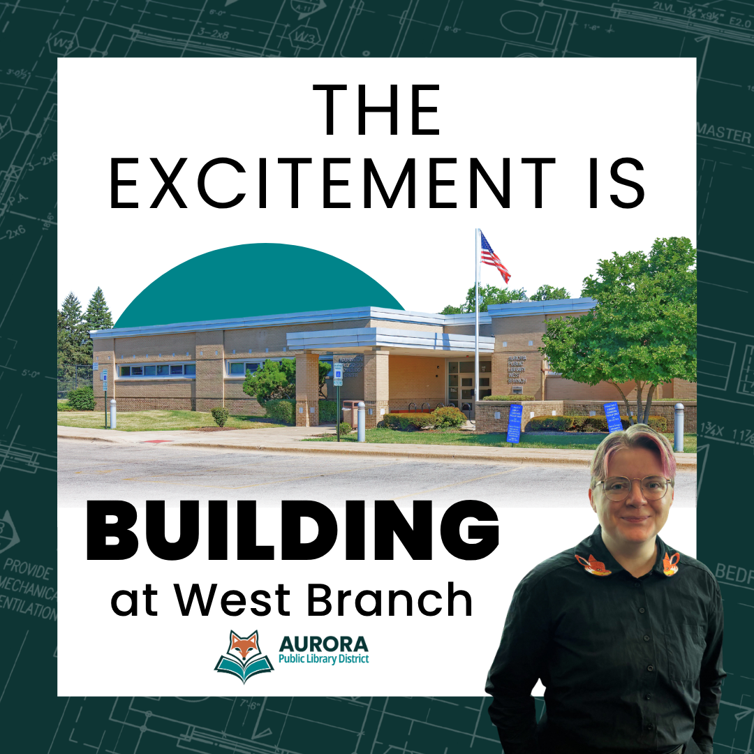 Kiri in foregraound against brick exterior of the West Branch Library entrance.