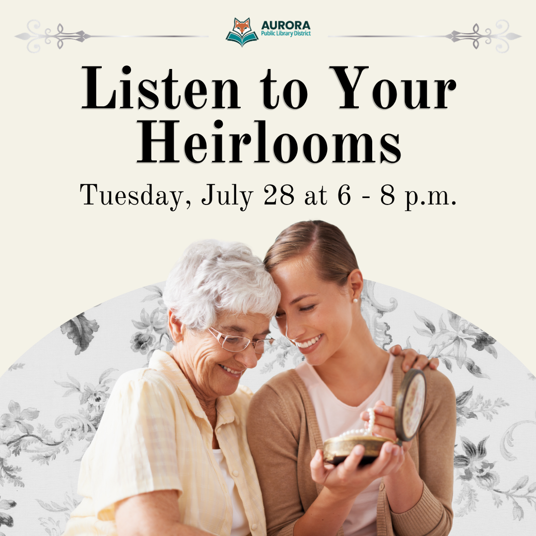 Adult child and senior parent look lovingly at heirloom jewelry.