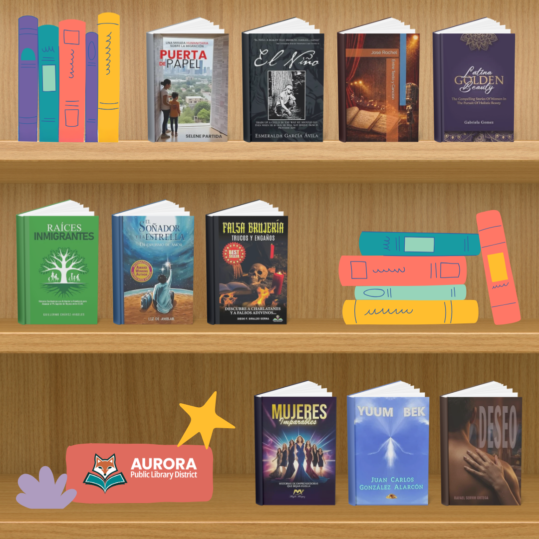 Bookshelf graphic with book cover images from participating authors.
