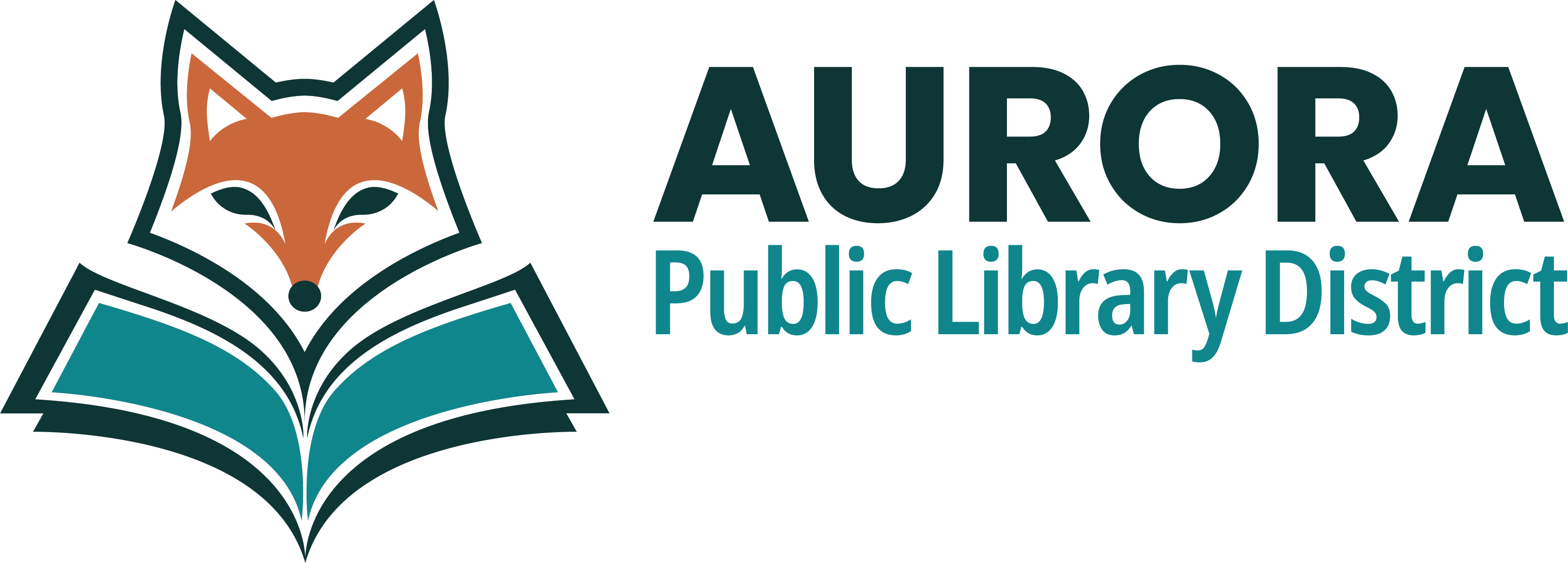 Aurora Public Library District Logo with a stylized orange fox face peering into an open teal book.